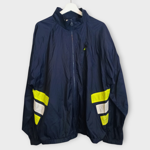 Vintage Adidas Jacket Mens Large Navy Blue Green Vented Hooded Retro Windbreaker - Picture 1 of 12